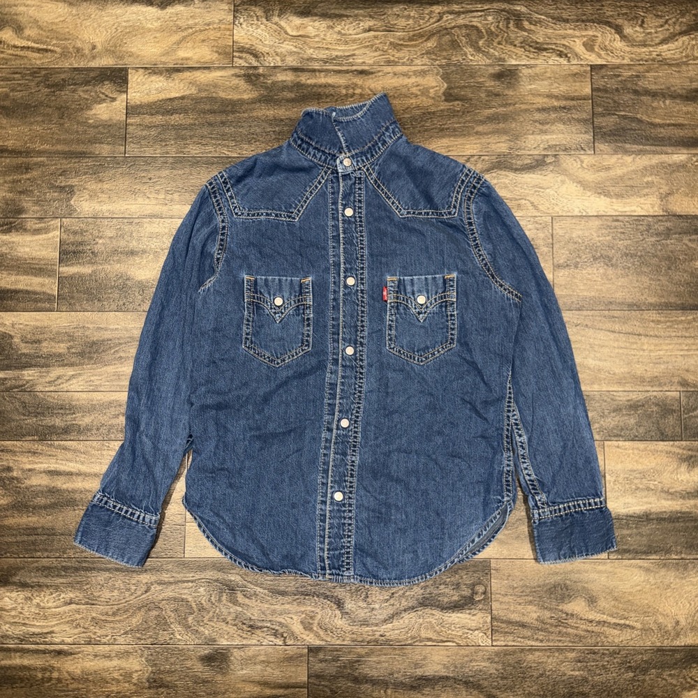 Vintage Levi's Type 1 Western Denim Snap Button Shirt Dark Wash Men's Size L